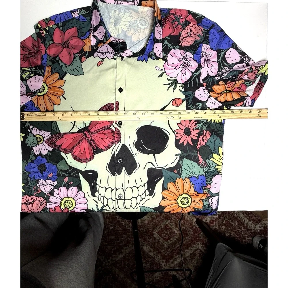 Men's Skull Floral Button Up Shirt 2XL Hawaiian Camp‎ Rockabilly